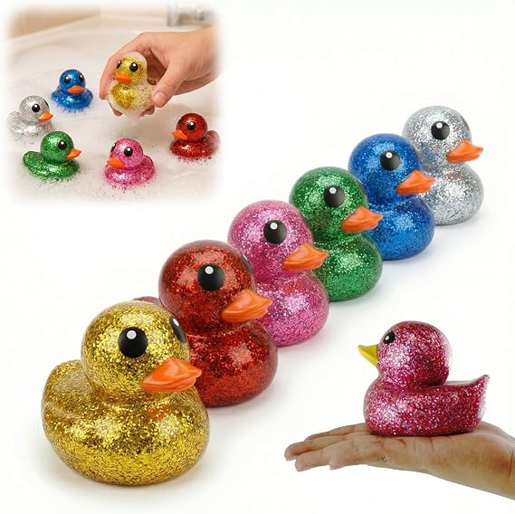 1x Random Glitter Plastic Duck 10cm - Novelty Rubber Duck Toy, Baby Bath Float Toy for Pool Party Decoration, Gift for Kids, Collectable, Colorful Floating Duckies