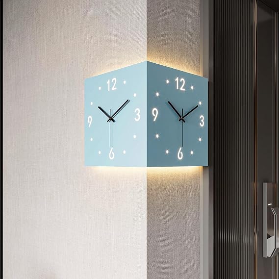 Double Sided Corner Wall Clock, Modern Decorative Art, Sensor Luminous for Living Room Decor, Silent Square Digital, Blue