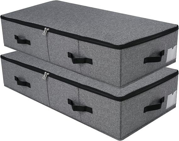 Foldable Under Bed Storage Box with Plastic Support Liner, 6 Handles, Zipper Lid, Blankets Clothes Comforters Storage Bin Organizer for Bedroom and Closet, 90×42×18cm, Black Grey, 2PCS