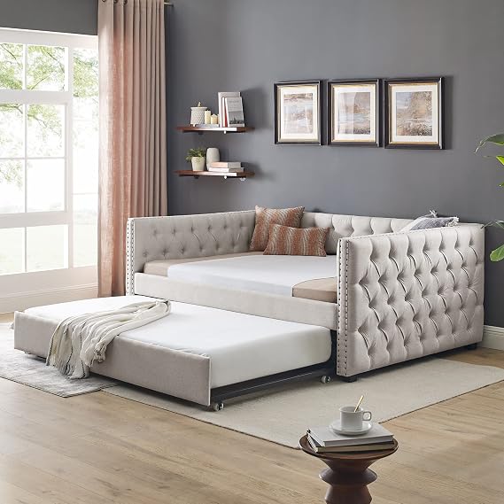 Flieks Upholstered Full Size Daybed with Twin Trundle, Full Size Button Tufted Sofa Bed Daybed with Copper Nail on Square Arms and Wood Slat Support (Beige)