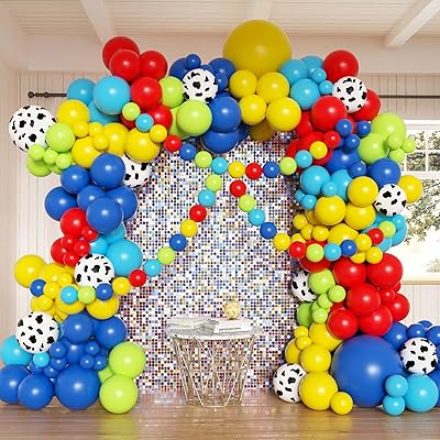 Red Blue Yellow Balloons Arch Kit, 162pcs Multi Color Cartoon Balloons with Cow Print for Carnival Circus Theme Party Fiesta Superhero Birthday Party Decorations