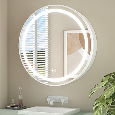 Keonjinn 26 Inch Round Medicine Cabinet with Lights, White LED Bathroom Medicine Cabinet Mirror, Circle, Electrical Outlet, 3 Color Lights, Anti-Fog, Dimmable, Surface Mount Only