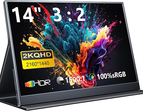 2K Portable Monitor, 14" 3:2 IPS Laptop Monitor, Dual USB C HDMI Second Computer Screen, Gaming Display with 2 Speakers, Travel Monitor for Laptop PS4/5 PC Phone, Xbox Switch