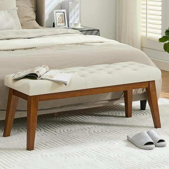 43.5'' Faux Leather Bedroom Bench, Upholstered End of Bed Bench with Tufted Button, Padded Vintage Dining Bench, Entryway Bench with Solid Wood Legs, Kitchen, Living Room, Hallway, Beige Tufted