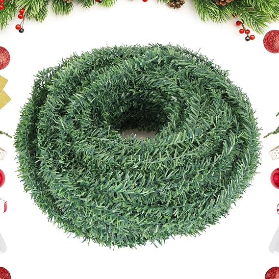 100 Ft 0.6 Inch Christmas Artificial Pine Garland, Mini Fake Greenery Roping Garland Decoration with Thin Wired Stem for Holiday Party Wedding Crafts Christmas Indoor Outdoor Decor (Green)