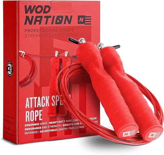 WOD Nation Speed Jump Rope - Home Gym & Workout Equipment - Speed Rope-Style Tangle-Free Cable - Adjustable Length For Any Height & Fitness Training - Red, Alloy Steel