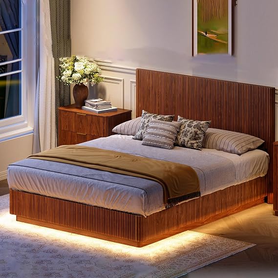 Queen Bed Frame, Wooden Queen Size with LED Lights & Fluted Design, Modern Platform Bed Frame with Curved Lines Headboard, Heavy Duty Steel Slats, No Box Spring Needed, No Noise (Walnut)
