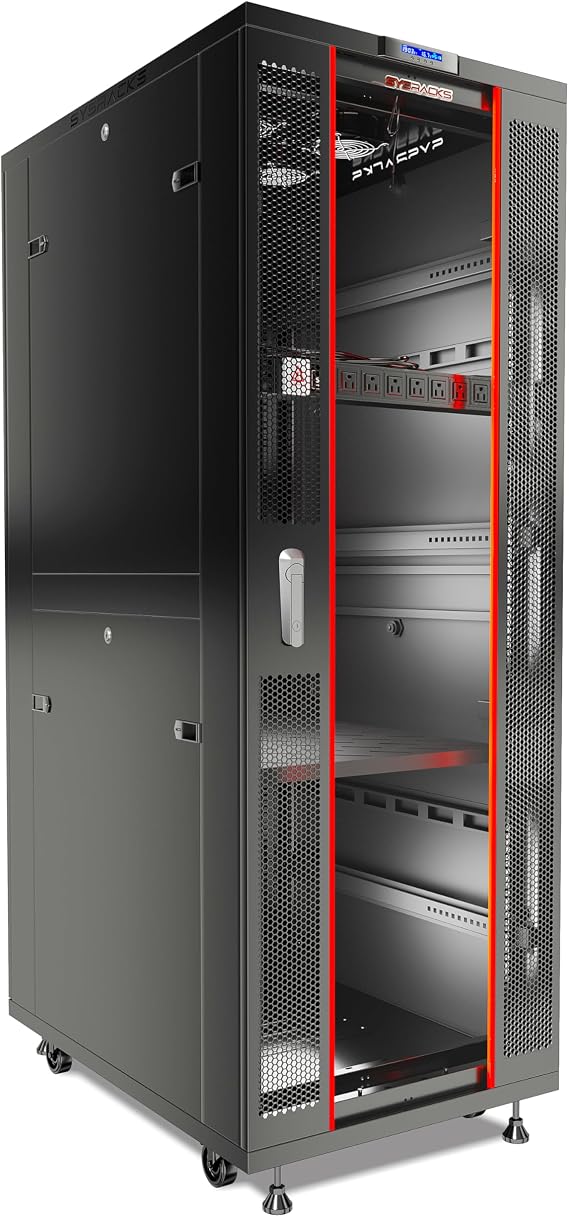 Sysracks 42U Server Rack Cabinet 32" Deep Network Rack Enclosure on Wheels Glass Door, 4 Cooling Fans, Temperature Controller, Shelf, 8-Way PDU 19" IT & AV Equipment Rack