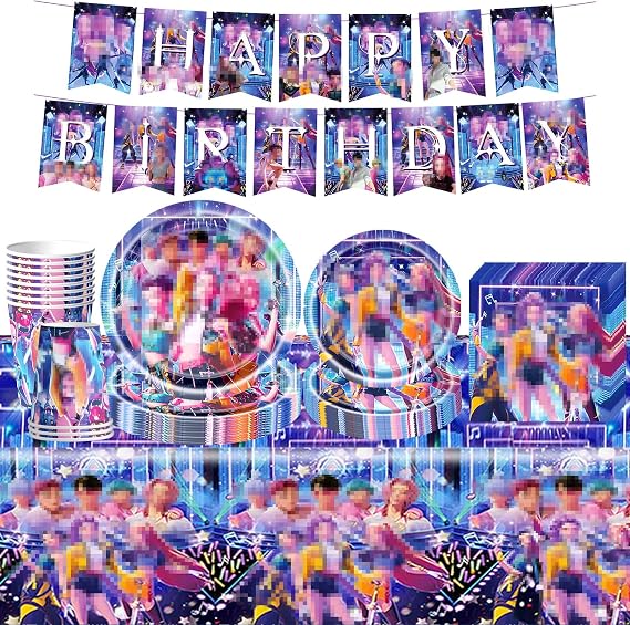 Demon Party Tableware Set Kids- KPop Birthday Decorations Girls Boys Party Supplies with Happy Birthday Banner ParTy Plates Tablecloth Napkins for K Pop Singer Idol Theme PaTty Decorations