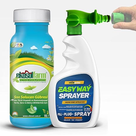 EkosolFarm Easy Way Hortum Ucu Sprayer + 1 Litre EkosolFarm Sıvı Solucan Gübresi - Çim ve Tüm Bahçe Bitkileri için Hortum Ucu Sıvı Gübreleme Aparatı