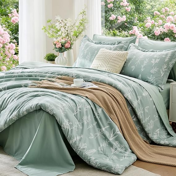 MUXHOMO Twin XL Comforter Set, 7-Piece Floral Bed in a Bag, Sage Green