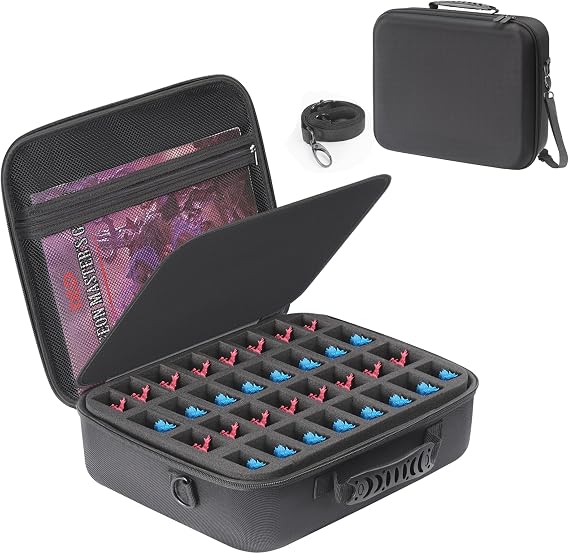 Miniature Storage Case - 64 Slot Storage Case with 2 Impact-Absorbing Foam Trays for 32mm 40k, DND and More, Adjustable Shoulder Strap and Zippered Pocket