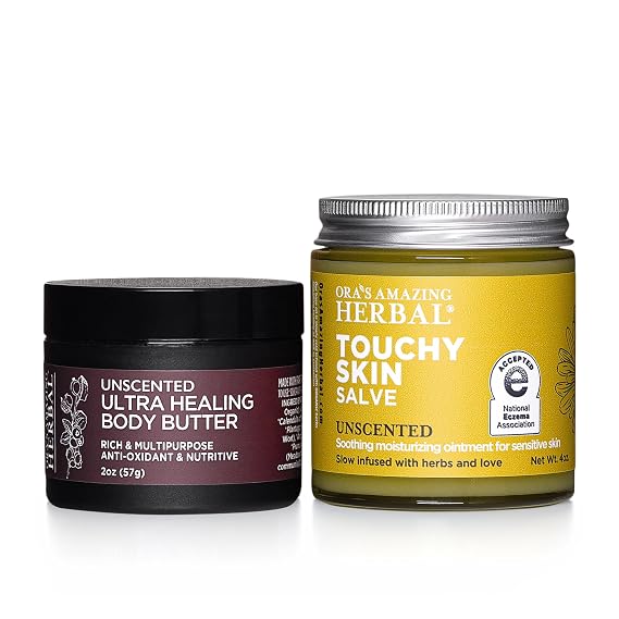 Ora's Amazing Herbal Salve & Butter Set for Dry Skin, Eczema Cream Treatment, Touchy Skin Salve, Ultra Healing Body Butter, Organic Calendula for Skin, Herbal Salves, Unscented Skincare