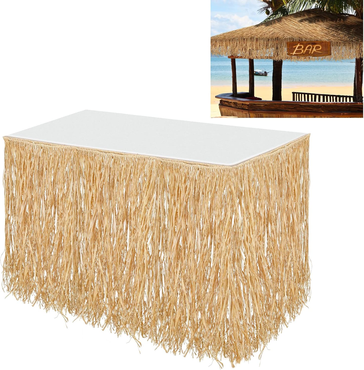 Tatuo 1 Pack Natural Raffia Table Skirt Luau Hawaiian Skirt Table Grass Beach Fringe Decoration for Tropical Birthday Party Tiki Bar, Chair, Deck, Luau Tropical Hawaiian Party 108 x 30 Inch