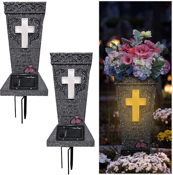 2 Pack Solar Cemetery Vase with LED Cross Lamp Flower Holder