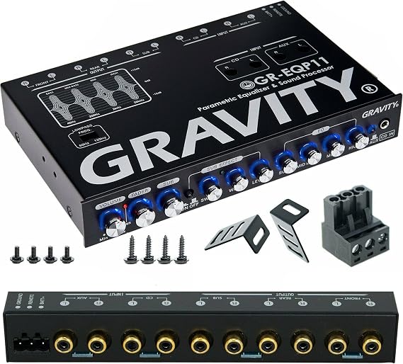 Gravity GR-EQP11 Digital Bass Machine Car Audio Equalizer - 4-Band Parametric EQ, 12 dB Boost/Cut, 9V RMS Master Volume, Subwoofer Level & Frequency Control, 30V Bipolar Power