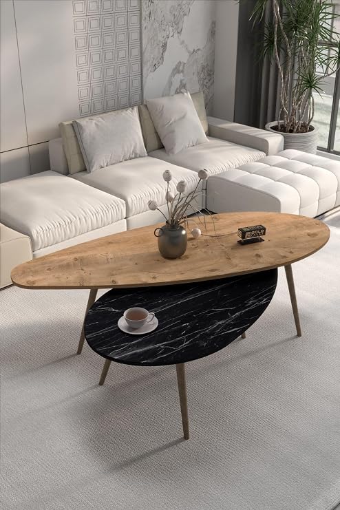 Reyo Falez Setro 9536 2'li Orta Sehpa Seti, Atlantik Çam, Modern Oval Tasarım, Ahşap Ayaklı, Salon ve Oturma Odası için