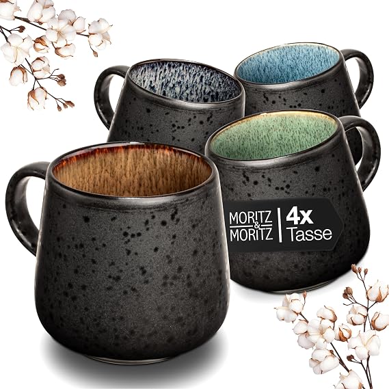 Moritz & Moritz Solid Set of 4 Coffee Mugs - Colourful Stoneware Cups with Black Exterior - Durable, Scratch-Resistant, Dishwasher & Microwave Safe - Stylish Mug Set for Coffee, Tea & Hot Drinks