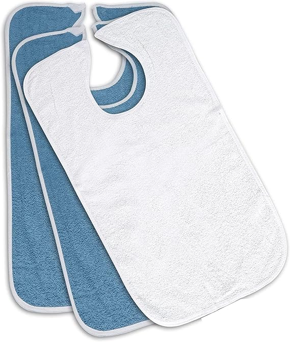 AMU Solutions 6 Pack - Terry Cloth Adult Bibs/Senior Meal Time Clothing Protector w/Hook and Loop Closure 3 Blue and 3 White Bibs