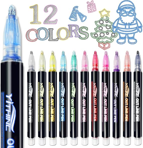 12 Outline Markers Metallic Glitter Pens for Kids, Tween & Teen Girl Gifts