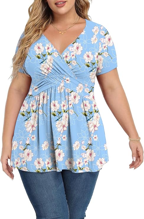 MK Shop Limited Plus Size Tops for Women Summer Dressy Curvy Tunic Short Sleeve Tops Loose Deep V Neck Low Cut Blouse