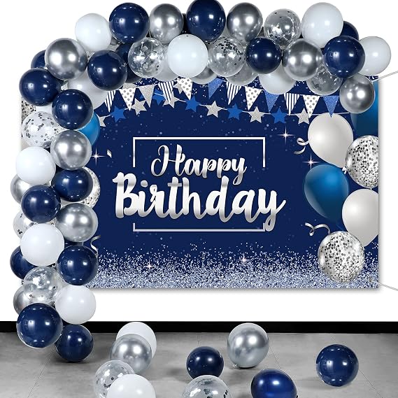 Tatuo Navy Blue and Silver Happy Birthday Balloons Backdrop Banner Kit | Confetti Balloons, Gold Pennant Garland, Photography Backdrop, Boys Girls Men Women Party Decoration Celebration Supplies