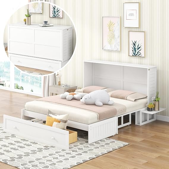 Cabinet Beds Queen Size Murphy Bed, White Bed with Storage Drawer & Side Shelves Foldable Murphy Bed Cabinet Space-Saving for Guest Room Home Office