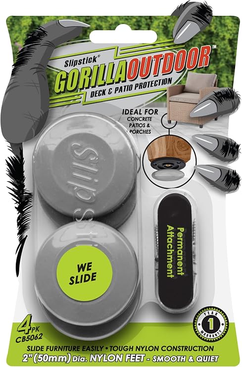 Slipstick Gorilla Outdoor Nylon Sliding Floor Protectors 2" with Screws (Set of 4 Sliders) for Carpets and Hard Surfaces Indoor Floors