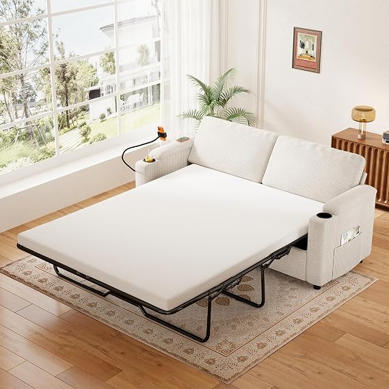 Full Size Sleeper Pull Out Sofa Bed, Pullout Loveseat Sleeper Sofa, Beige