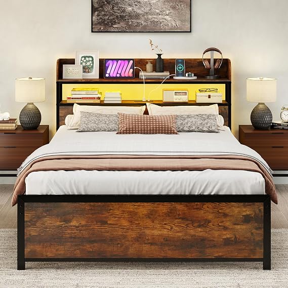 COSTWAY Double Bed Frame with RGB LED Lights, Charging Station, Storage Headboard and Underbed Space, 4FT6 Industrial Steel Slats Support Metal Platform Bed Base Mattress Foundation, Rustic Brown