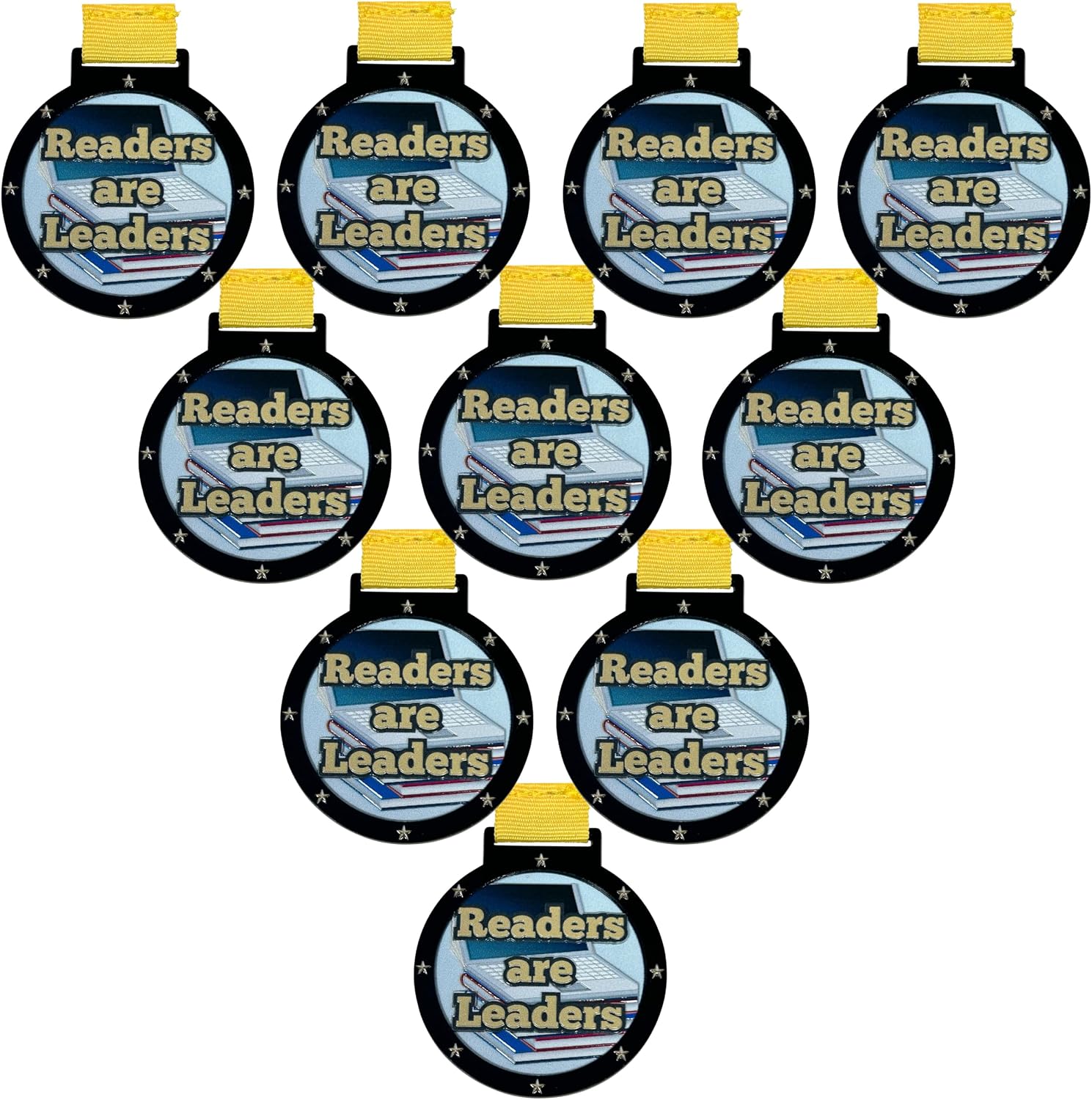 Express Medals Large 2.25 Inches Readers are Leaders Award Medals with Attached Neck Ribbons Medal Trophies Gift Prize Team Black Gold Star UV 1st First Place Trophy - Pack of 10