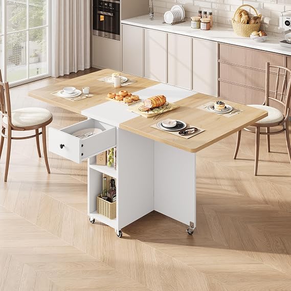 Folding Dining Table for Small Spaces with Storage, Drop Leaf Kitchen Table
