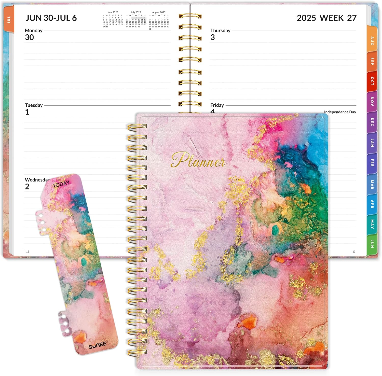 SUNEE Academic Planner 2025-2026 Weekly and Monthly - from July 2025 to June 2026, 6.4x8.3 School Year Calendar Daily Planner with Monthly Tab, Flexible Cover, Note Pages, Spiral Binding, Marble