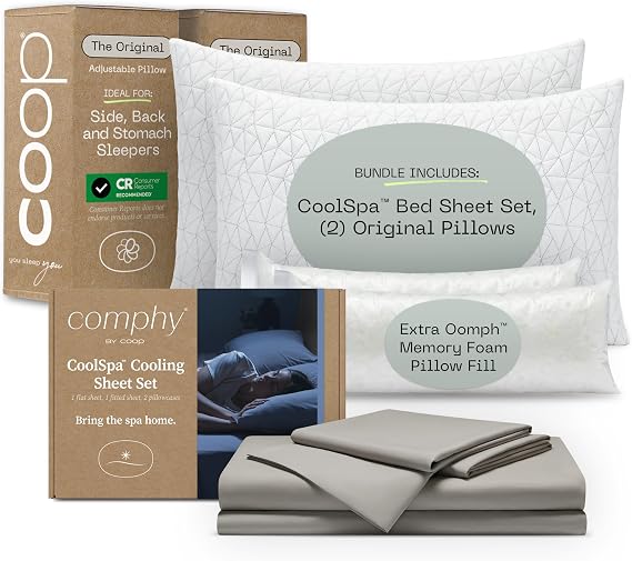 Coop's Cool+ Cooling Sheet Set & Original Pillow King Bundle, Set Includes (1) Cool+ Cooling Sheet Set of 4, Dove Grey and (2) Original Pillows