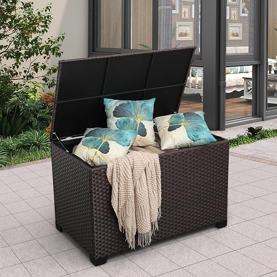 Valita Outdoor Wicker Storage Box, Big Size,Resin Brown Rattan Deck Bin with Lid, 150 Gallon,Water-resistant Liner Container for Patio Gardening Tools, Cushions, Pool Accessory,Pillows