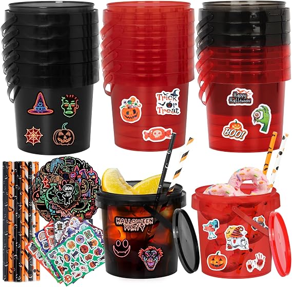 20pcs Halloween Candy Bucket, Trick or Treat Baskets for Kids, 32oz Ice Buckets for Parties with Lid, Contains 210pcs Halloween Stickers & 25pcs Straws for Halloween Party Favors Decoration Decor