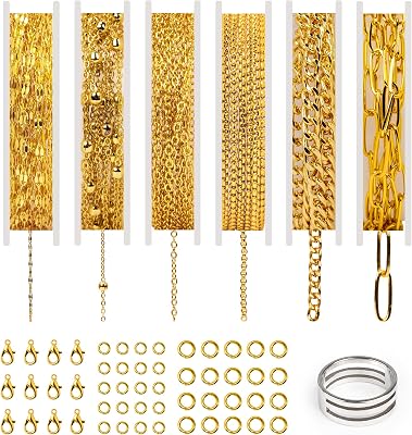 Qoroos 6 PCS 18K Gold Plated Chain for Jewelry Making 52.5 FT 304 Stainless Steel Gold Plated Paper Clip Necklace Chain Rust-Proof and Colorfast with Lobster Clasps for Permanent Jewelry Starter Kit