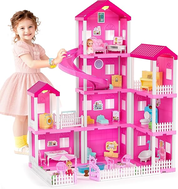 TUZT 4-Story Doll House with Pool & Slide, Toy Figures, Pet Dogs, Furniture and Accessories, Pretend Play Dream Dollhouse with Light, Christmas Birthday Gifts for Kids Toddlers Girls Age 3 4 5 6