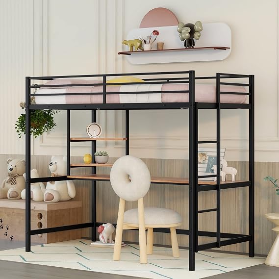 Loft Bed with Desk, Loft Bunk Bed Over Desk and Bookcase with Metal Frame, 12.8" H Safety Guardrail, Noise Free, No Box Spring Needed, Twin (Black)