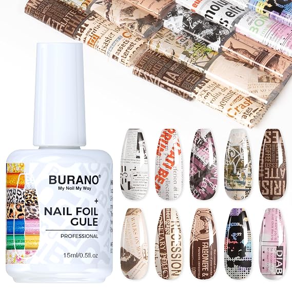 BURANO Nail Art Nail Foil Glue Gel, 15 ML 1 Bottle Foil Transfer Gel with 10PCS Foil Stickers, UV LED Lamp Required Nail Design Nail Foils Glue for Nails (Paper 24)
