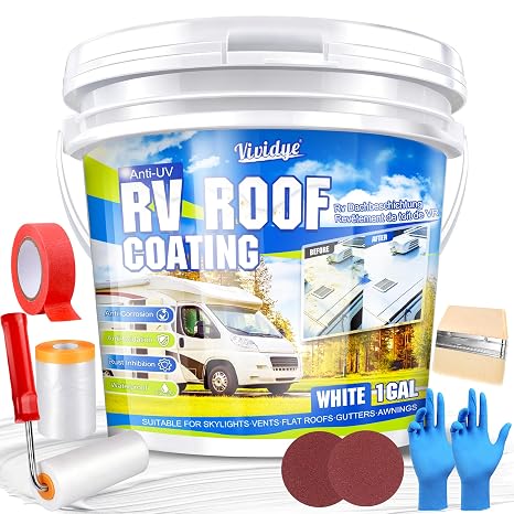 RV Roof Coating 1 Gallon Self-Leveling RV Roof Sealant Waterproof for Camper, Motorhome & Trailer, Flexible Membrane for EPDM/TPO/Fiberglass/Aluminum Roofs, Solar Reflective White Finish