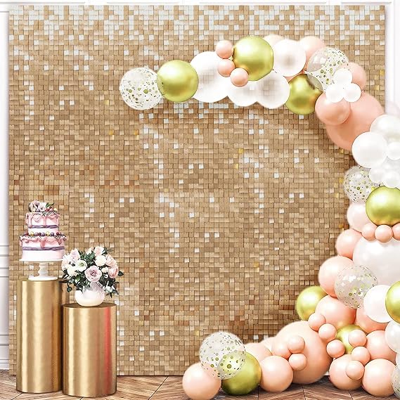 Champagne Gold Shimmer Wall Backdrop, 30cm×30cm×24 Pcs Square Sequin Panels
