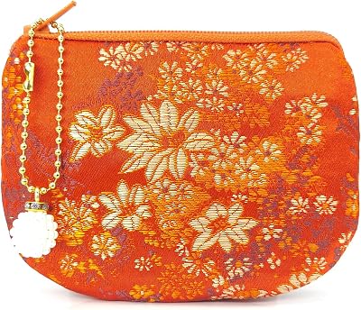 Handmade Jewelry Pouch Women Coin Purse Brocade Zipper Wallet Silk Makeup Bag - ORANGE