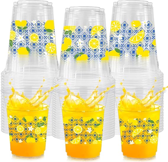 Capri 50-Pack Blue Tile Yellow 12oz Disposable Plastic Cups with Lemon for Parties, Weddings, Showers and More