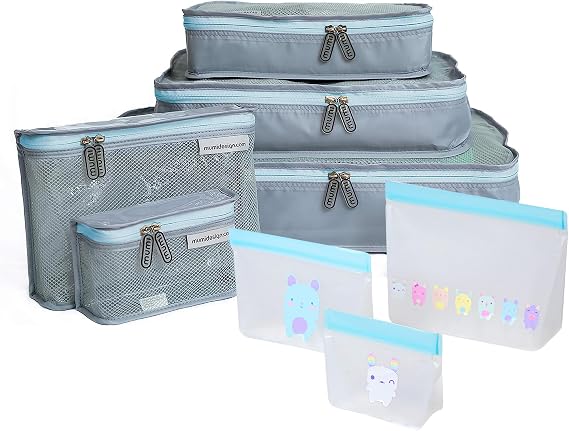MUMI Piccolo Packing Bundle, Baby Travel Essentials - Set of 5 Travel Organizer Bags and 4 Reusable Zip Up Bags - Blue