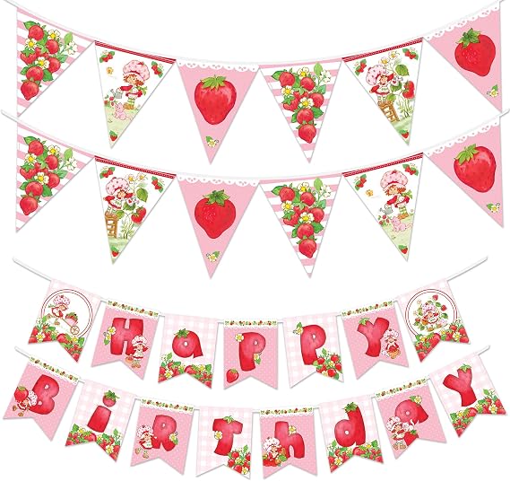 Treasures Gifted Officially Licensed Strawberry Shortcake Banner Set of 3 - (1) Birthday Banner & (2) Triangle Pennants - World of Strawberry Shortcake Party Decorations Supplies Accessories