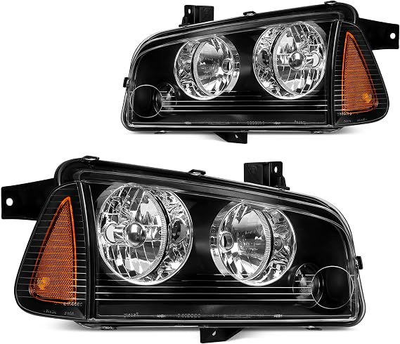 DWVO Headlight Assembly Compatible with 2006-2010 Dodge Charger Black Housing Amber Reflector (Driver & Passenger Side)