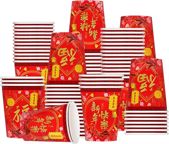 Gatherfun 50-Pack Chinese New Year Party Supplies Set: Vibrant Lunar New Year Decorations with 9oz Paper Cups for Festive Celebrations