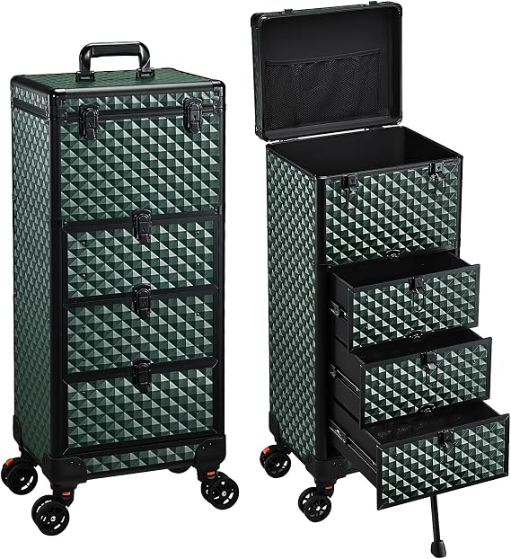 Stagiant Makeup Trolley Vanity Case Large Makeup Case Lockable Make Up Box Organiser with 3 Drawers Hairdressing Trolley on Wheels Beauty Nail Technician Cases Green