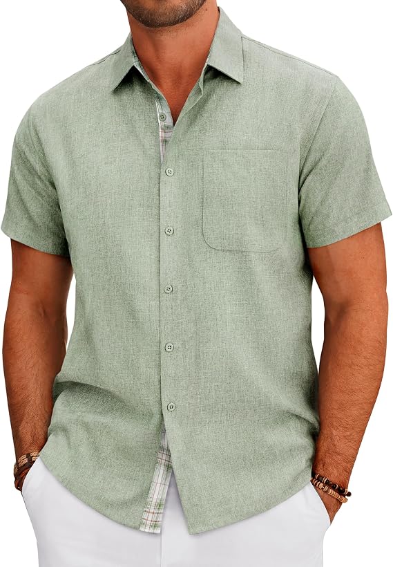 Mens Linen Shirts Short Sleeve Wrinkle Free Untucked Button Down Shirt